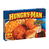 Hungry-Man  boneless fried chicken, with home-style mashed potatoes and sweet corn, includes a chocolate brownie Left Picture